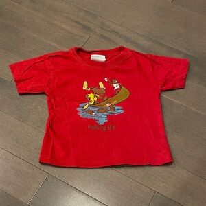 Red Kids Shirt Tee with Cartoon Canoeing Animals Fishing and Canadian Theme